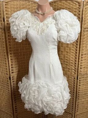 White Sequined Puff Sleeve Cocktail / Party Dress